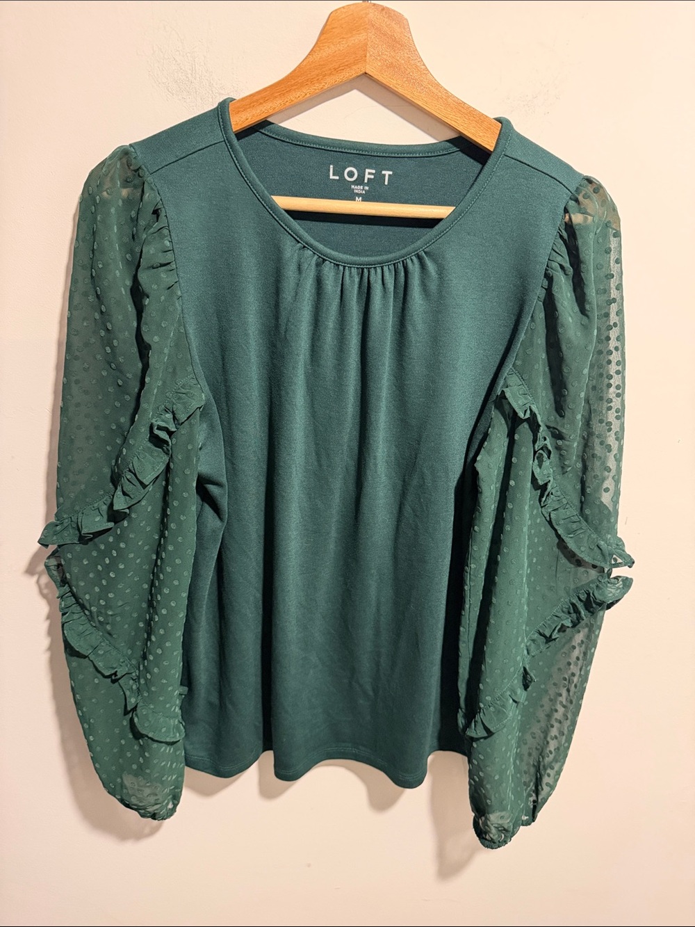 LOFT Dark Green Ruffled Swiss Dot Long Sleeve Top Size Medium